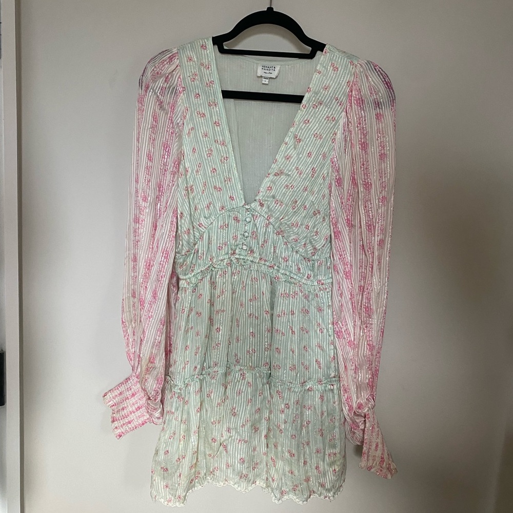 Hermant and Nadita shimmery, pink and sea foam floral dress (L but can fit S-L)
